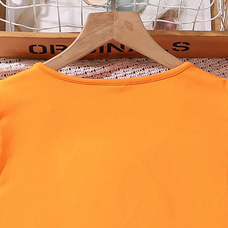 Ensemble d'Été 2 Pièces pour Filles - Crop Top Orange à Nœud et Short Imprimé Floral