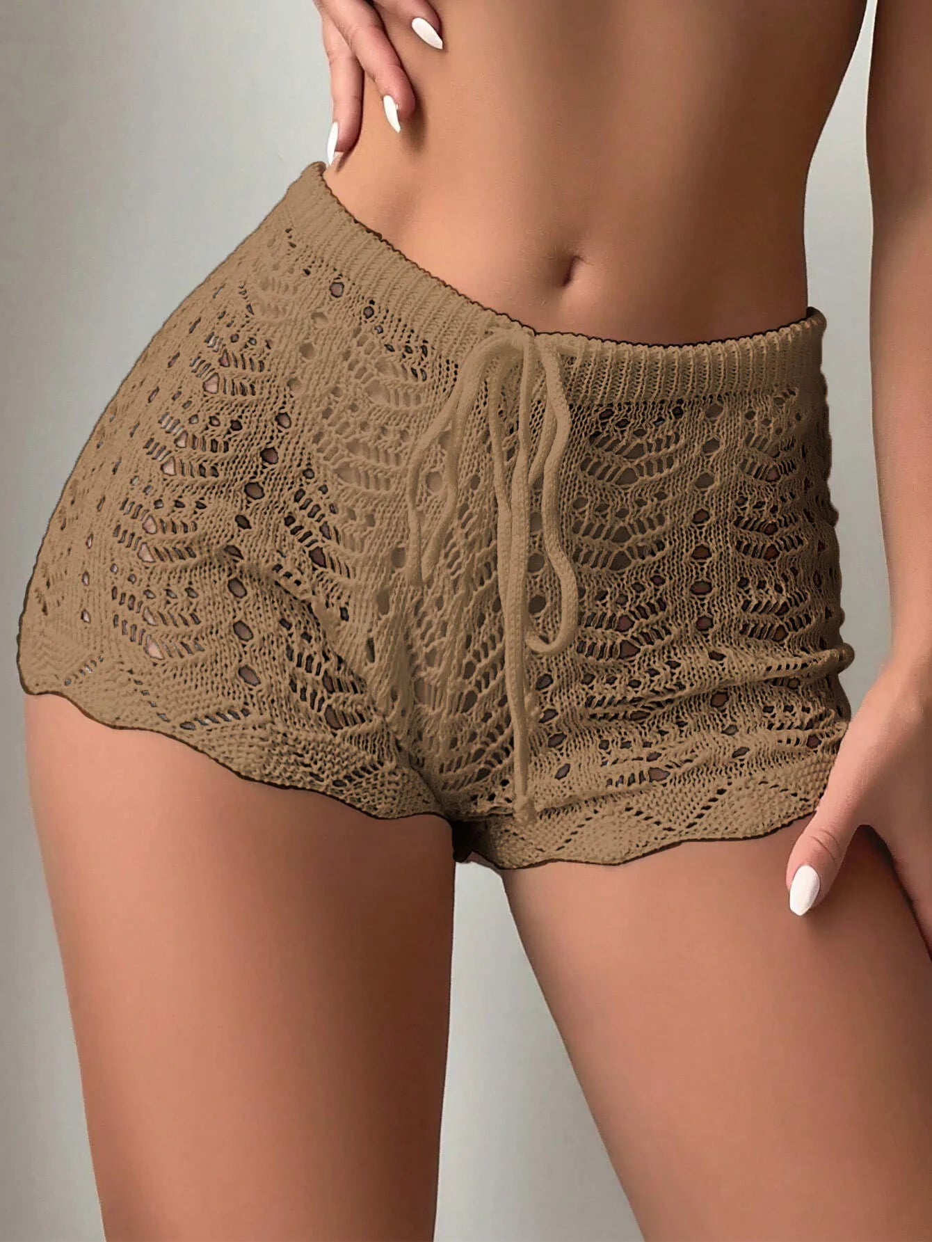 Short marron de Plage en maille pour Femme –  Color Block avec Cordon à la