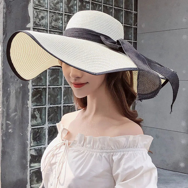 Chapeau de paille d'été femme style coréen avec large bord, pliable et anti-UV

