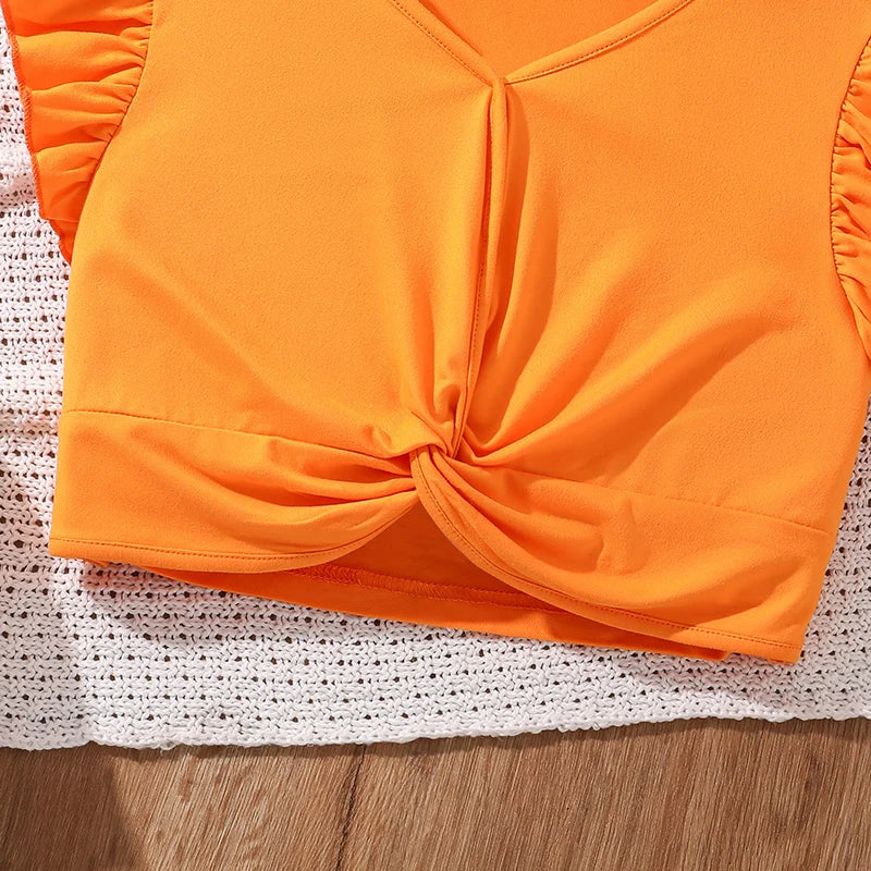 Ensemble d'Été 2 Pièces pour Filles - Crop Top Orange à Nœud et Short Imprimé Floral