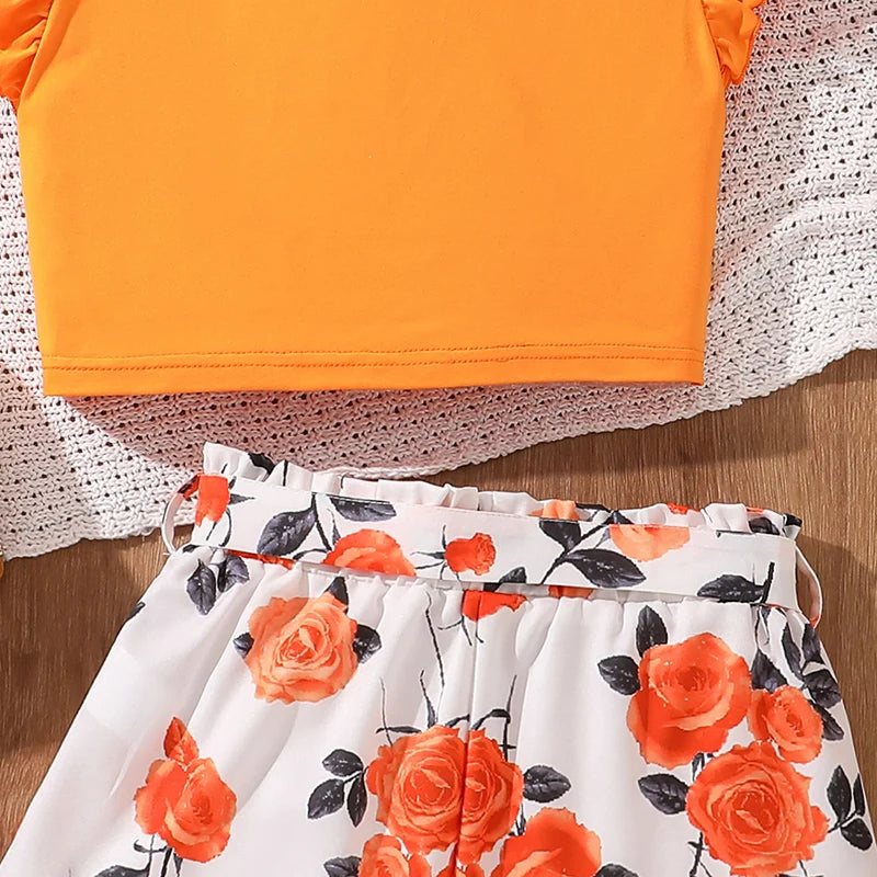 Ensemble d'Été 2 Pièces pour Filles - Crop Top Orange à Nœud et Short Imprimé Floral