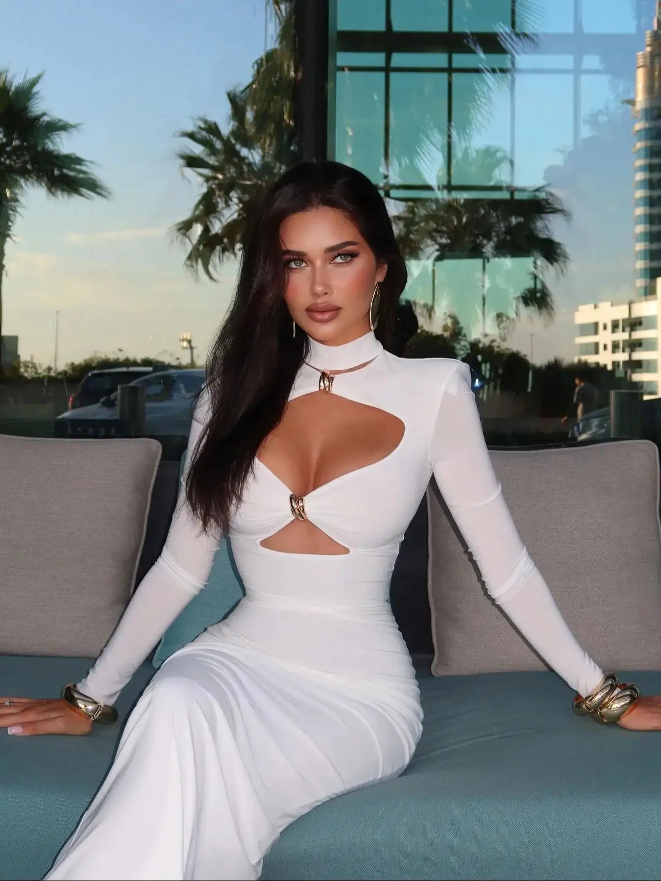 Robe découpée femme sexy à manches longues, col V ou col montant, mi-longue

