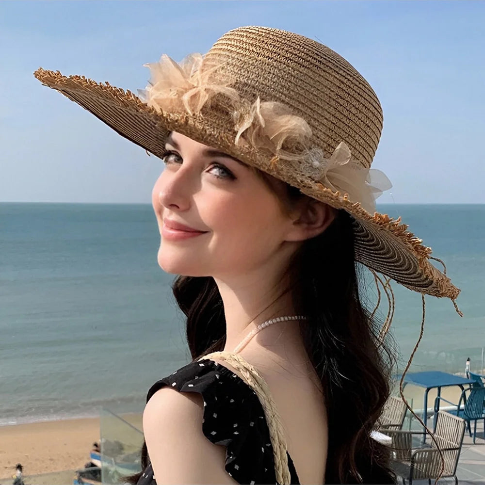 Chapeau de paille été 2025 style Mori pour femme, large bord, pliable, protection UV