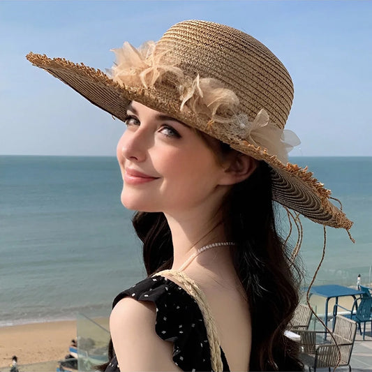 Chapeau de paille été 2025 style Mori pour femme, large bord, pliable, protection UV