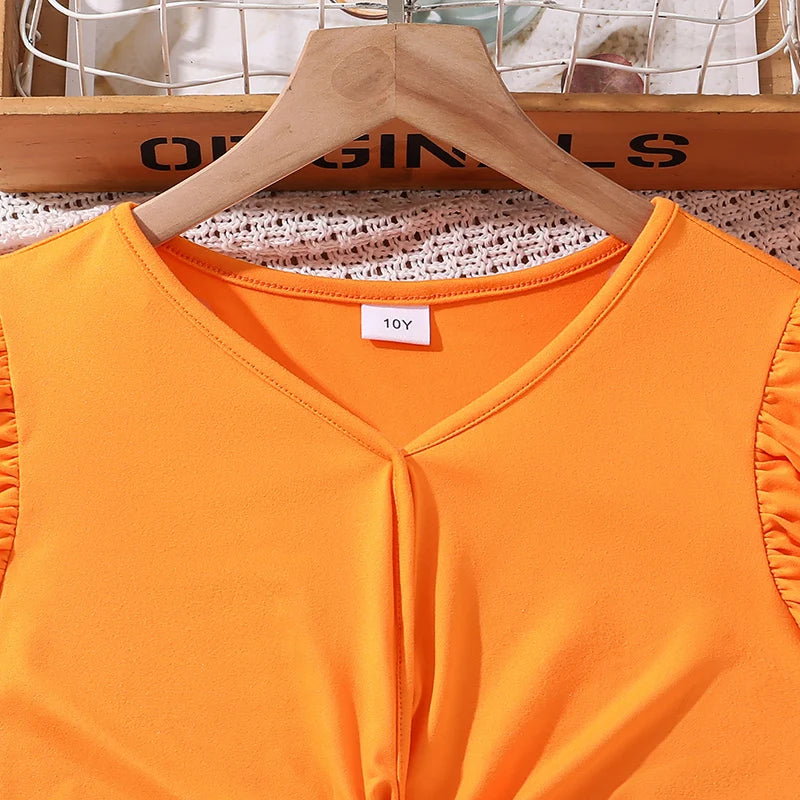 Ensemble d'Été 2 Pièces pour Filles - Crop Top Orange à Nœud et Short Imprimé Floral