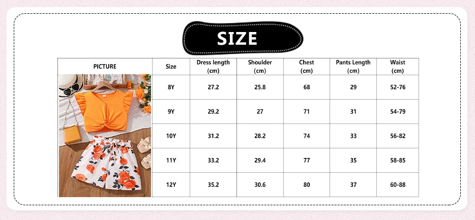 Ensemble d'Été 2 Pièces pour Filles - Crop Top Orange à Nœud et Short Imprimé Floral