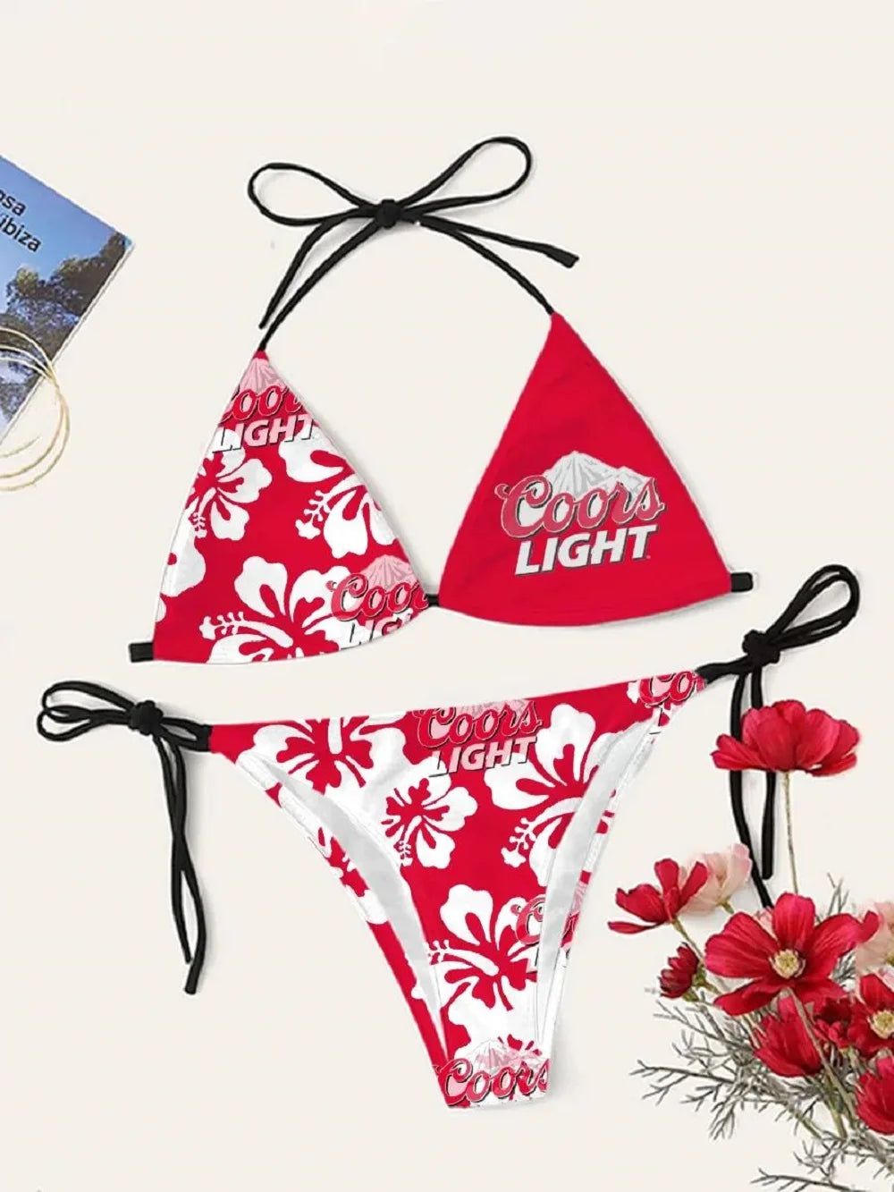 Bikini triangle imprimé pour femme, haut à lacets noués devant