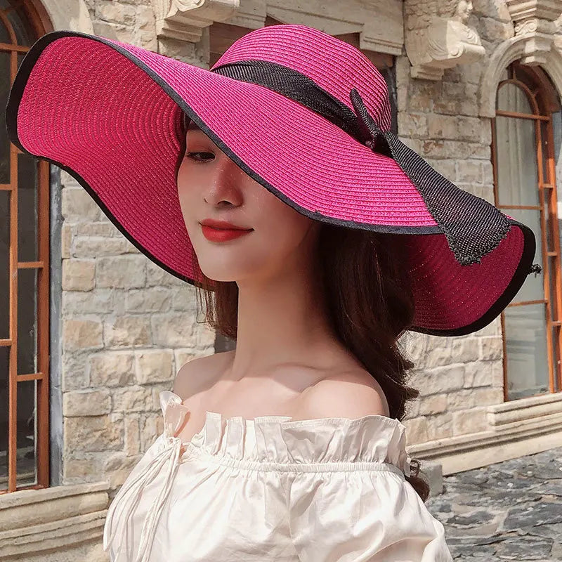 Chapeau de paille d'été femme style coréen avec large bord, pliable et anti-UV

