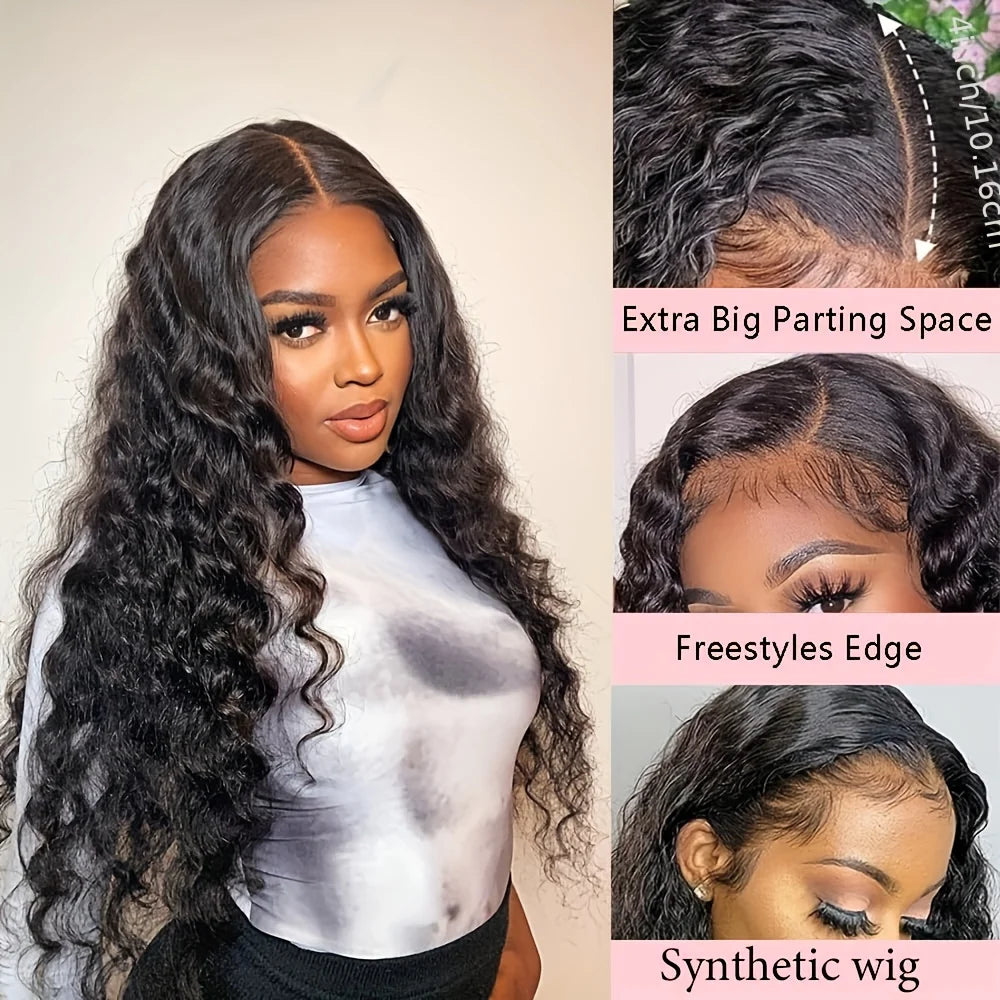 Black Water Wave Lace Front Hair Wigs 13*4 Part Lace Wig Pre Plucked Deep Curly Synthetic Wig 150% Density for Daily Use