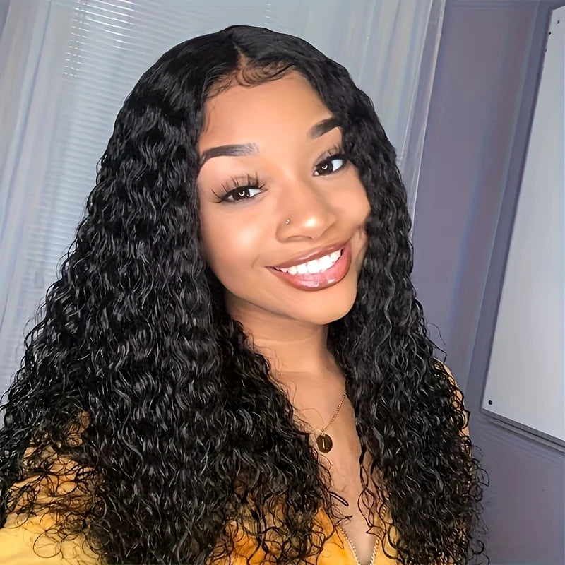 Black Water Wave Lace Front Hair Wigs 13*4 Part Lace Wig Pre Plucked Deep Curly Synthetic Wig 150% Density for Daily Use