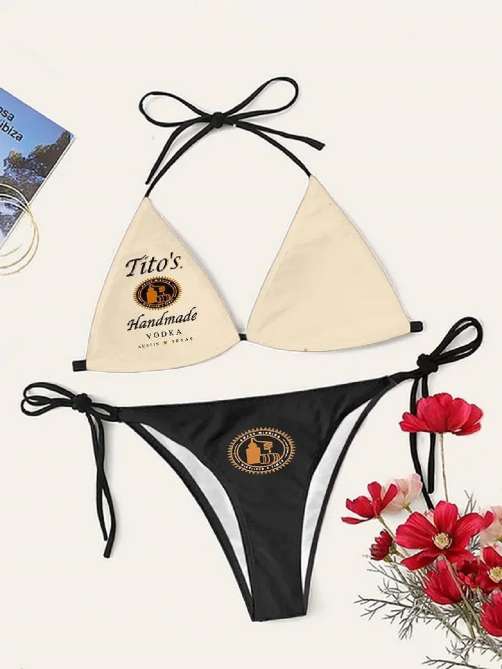 Bikini triangle imprimé pour femme, haut à lacets noués devant