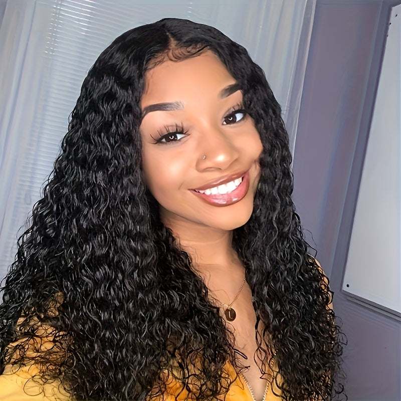 Perruque longue bouclée noire sans colle, 180 % densité, résistante à la chaleur

