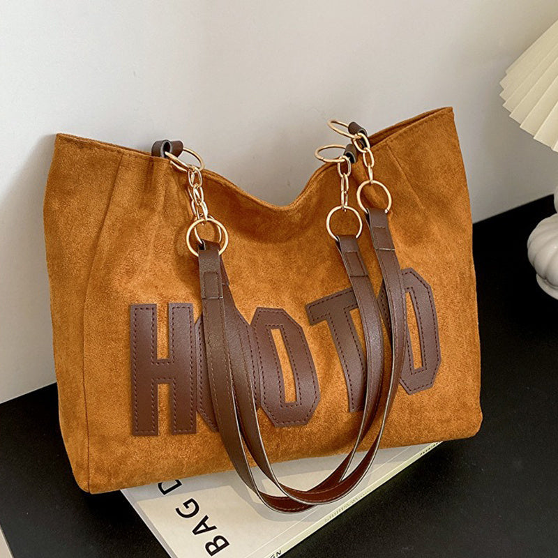 Grand sac à bandoulière femme en tissu peluche avec imprimé lettres, disponible en lot de 1 ou 2