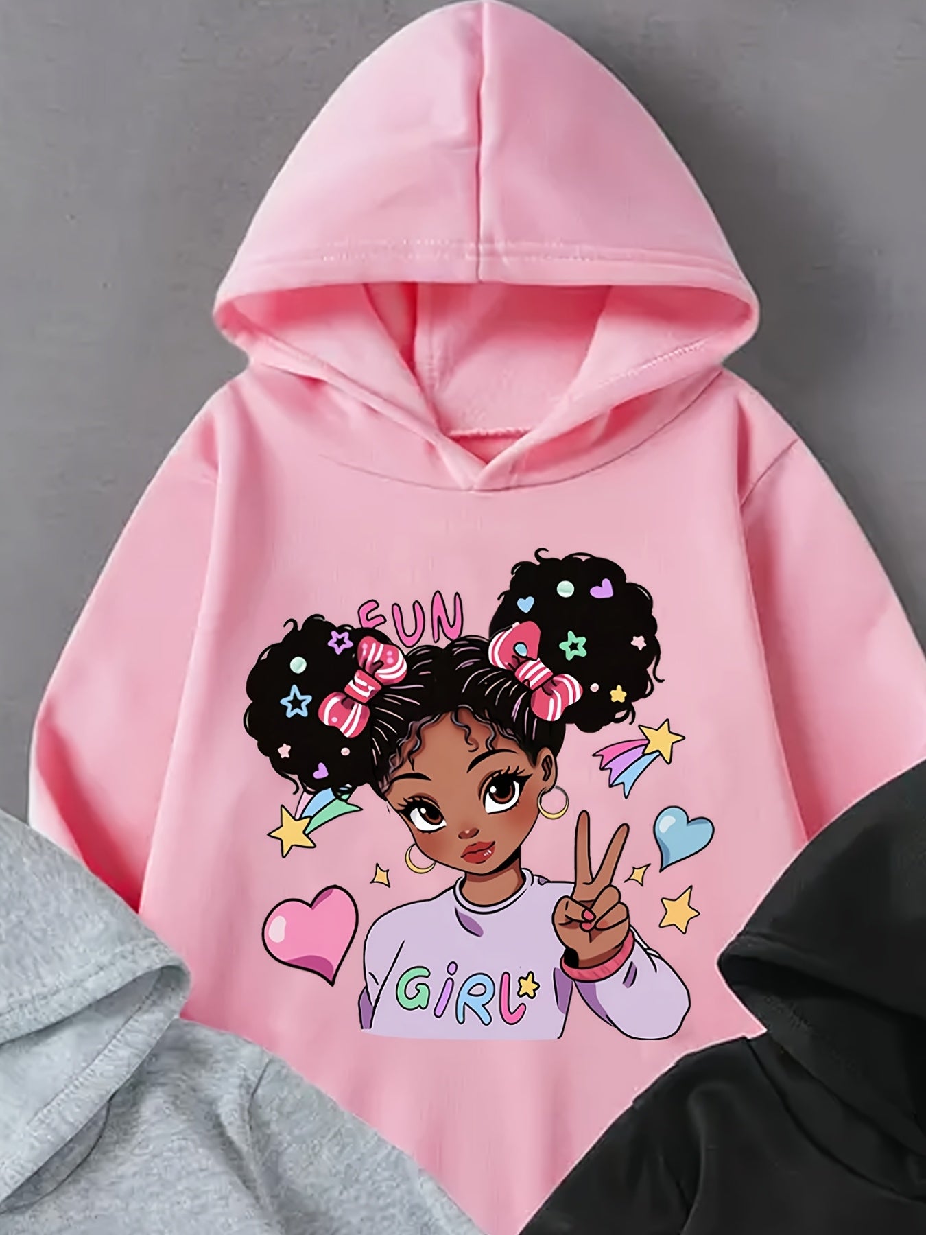 Lot de 3 sweatshirts fille à capuche avec imprimés cartoon, manches longues, tissu doux extensible