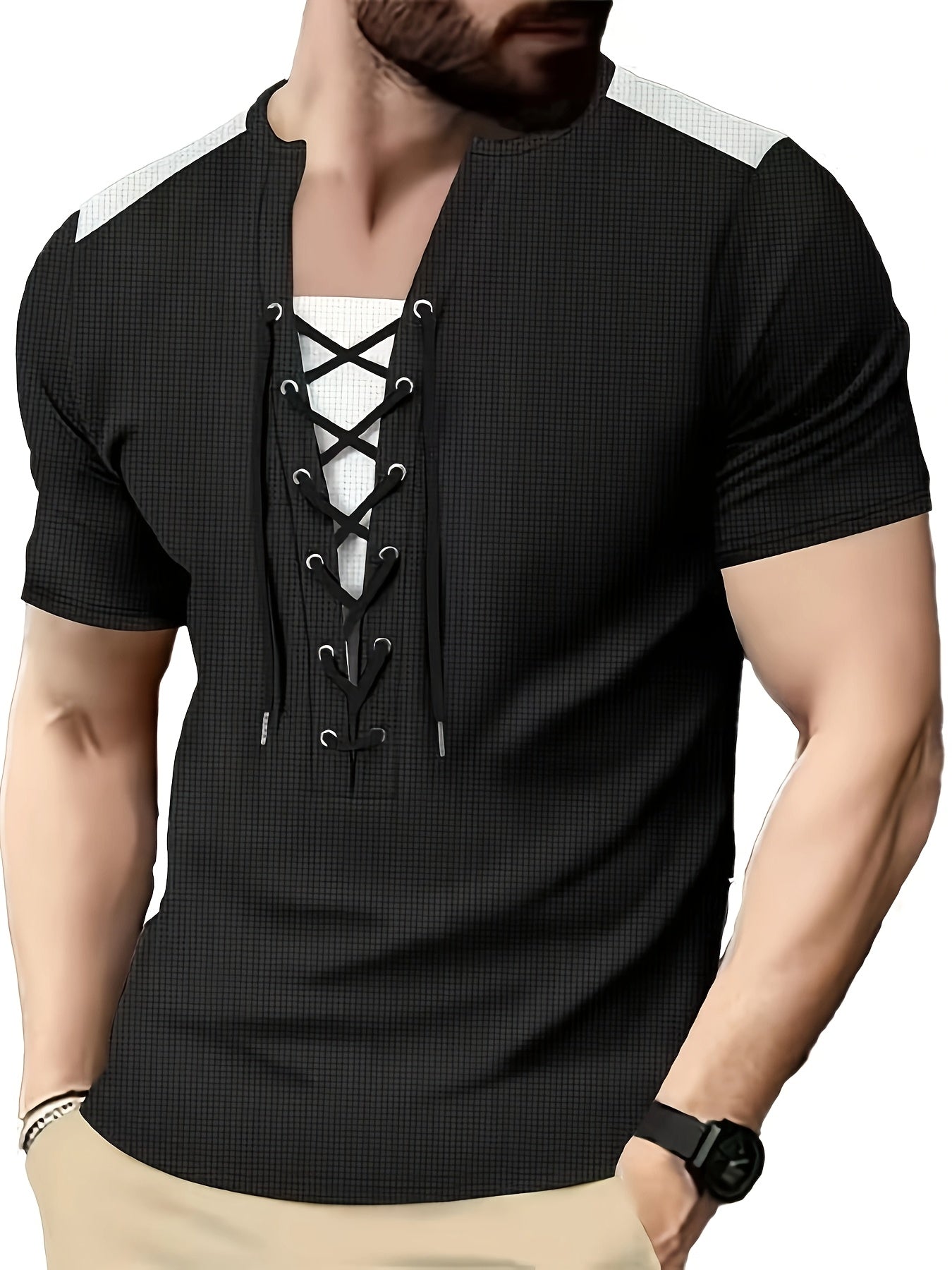 T-shirt homme maroon et noir en maille nid d’abeille, col rond, respirant, cordon décoratif