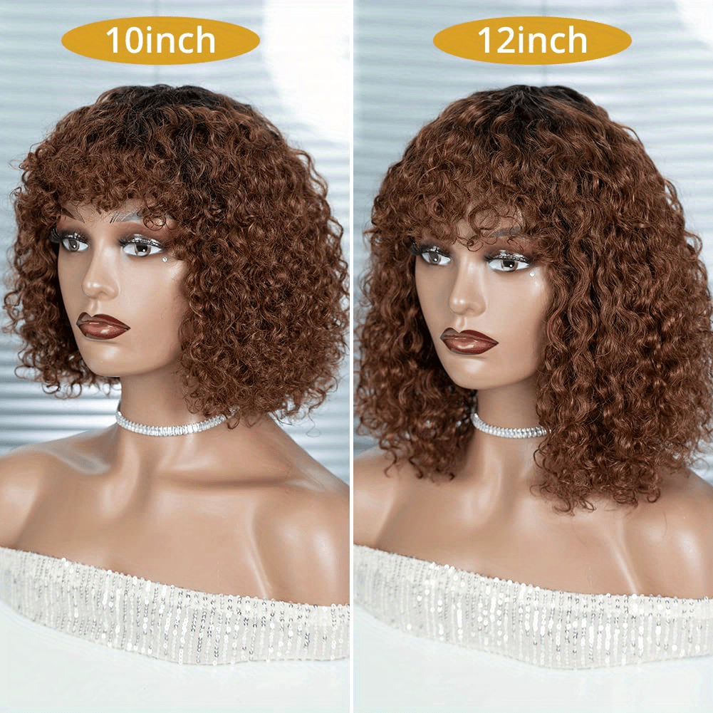 Perruque courte pixie bouclée brune en cheveux humains avec frange