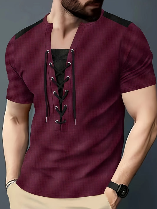 T-shirt homme maroon et noir en maille nid d’abeille, col rond, respirant, cordon décoratif