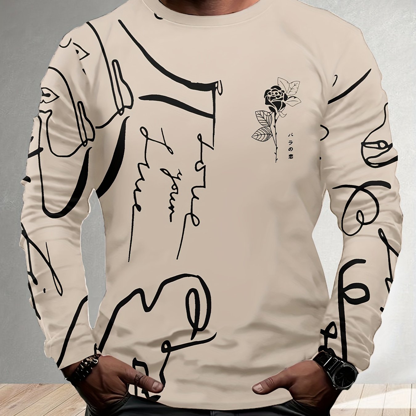 T-shirt homme manches longues avec imprimé girafe en 3D – coupe confortable pour le printemps et l’automne
