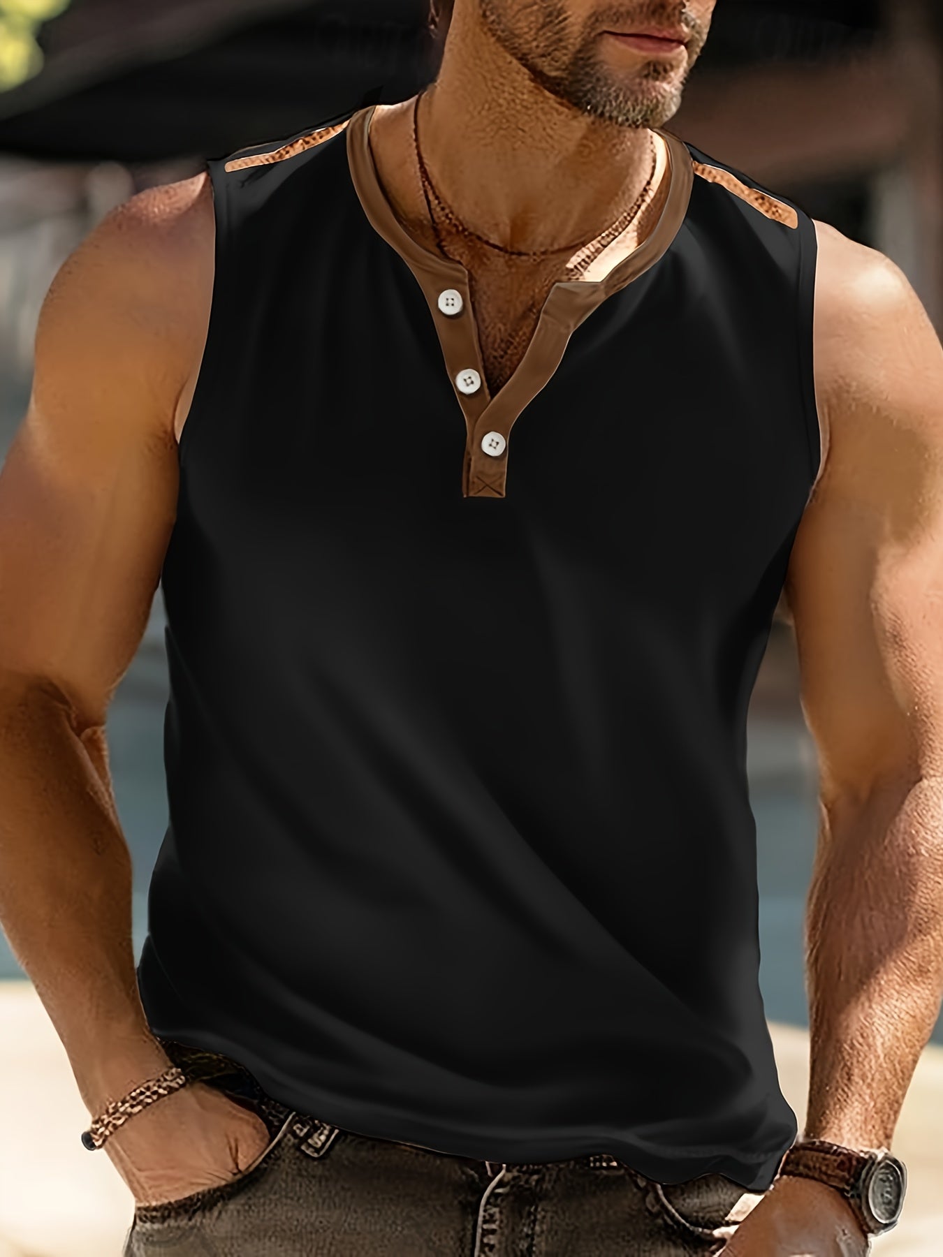 Débardeur homme blanc et marron sans manches, col rond, tissu léger pour l’été

