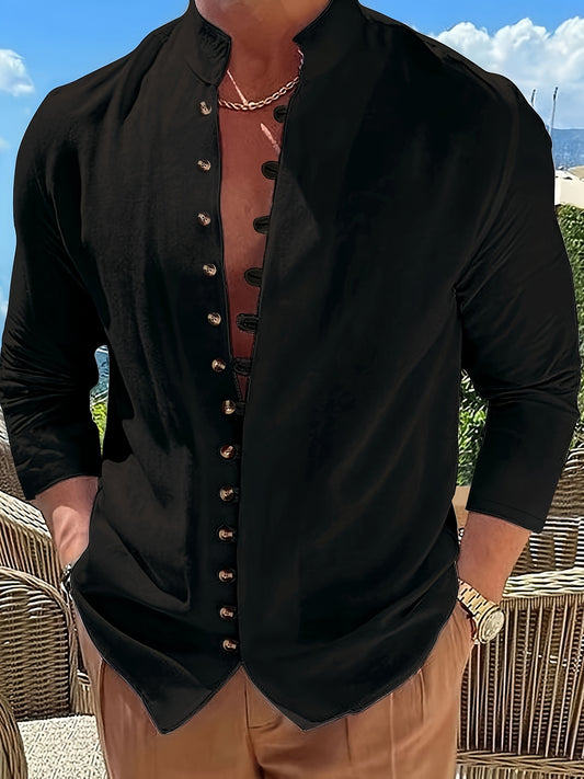 Chemise vintage homme noire en coton à manches longues, col droit et poches poitrine

