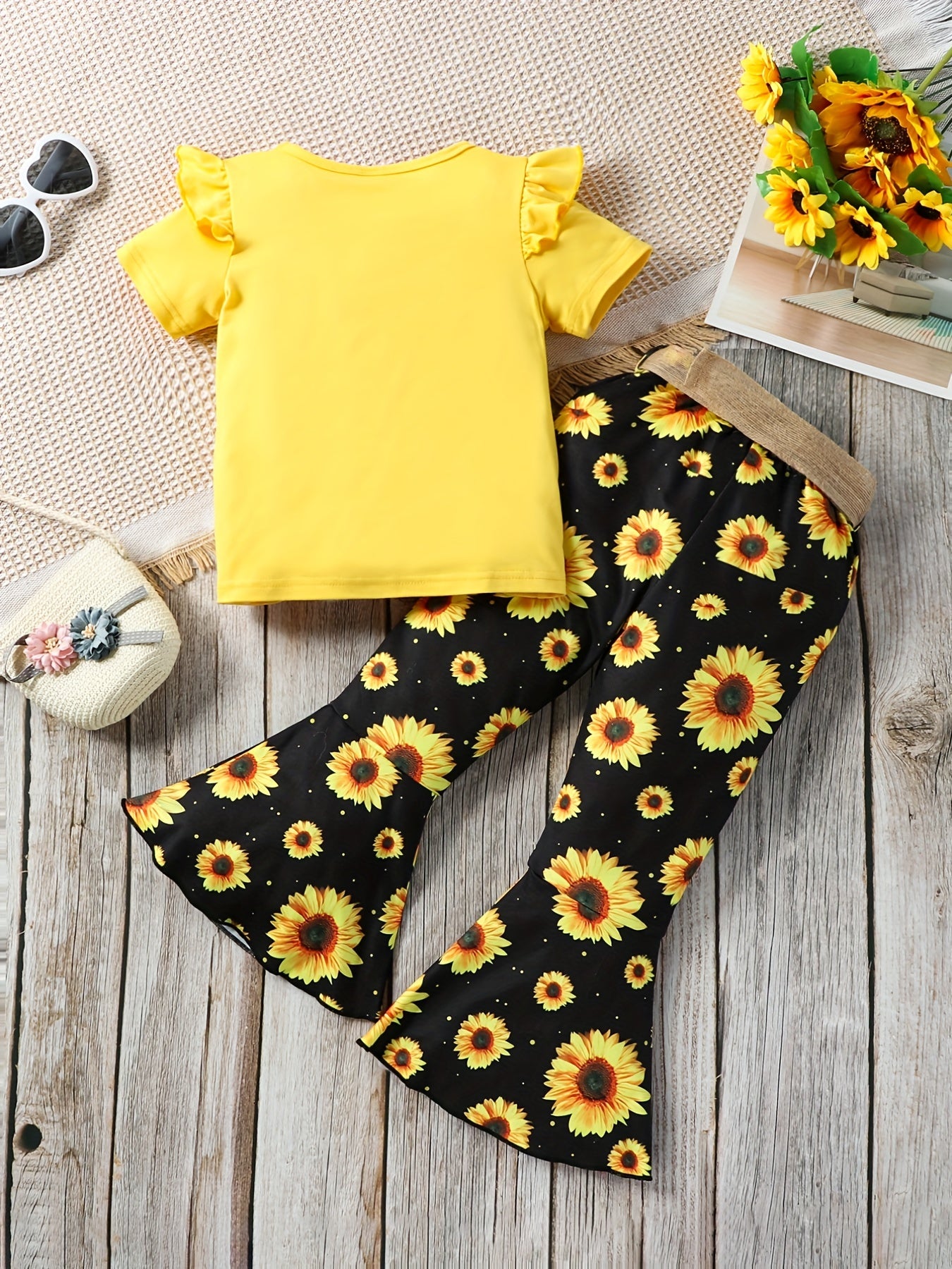 Lot de 3 pantalons fille avec imprimés lettres et fleurs, bordure volantée et accessoires ceinture

