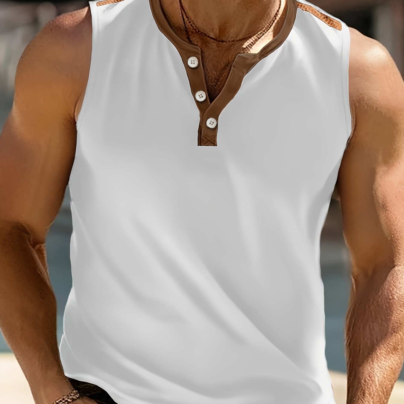 Débardeur homme blanc et marron sans manches, col rond, tissu léger pour l’été

