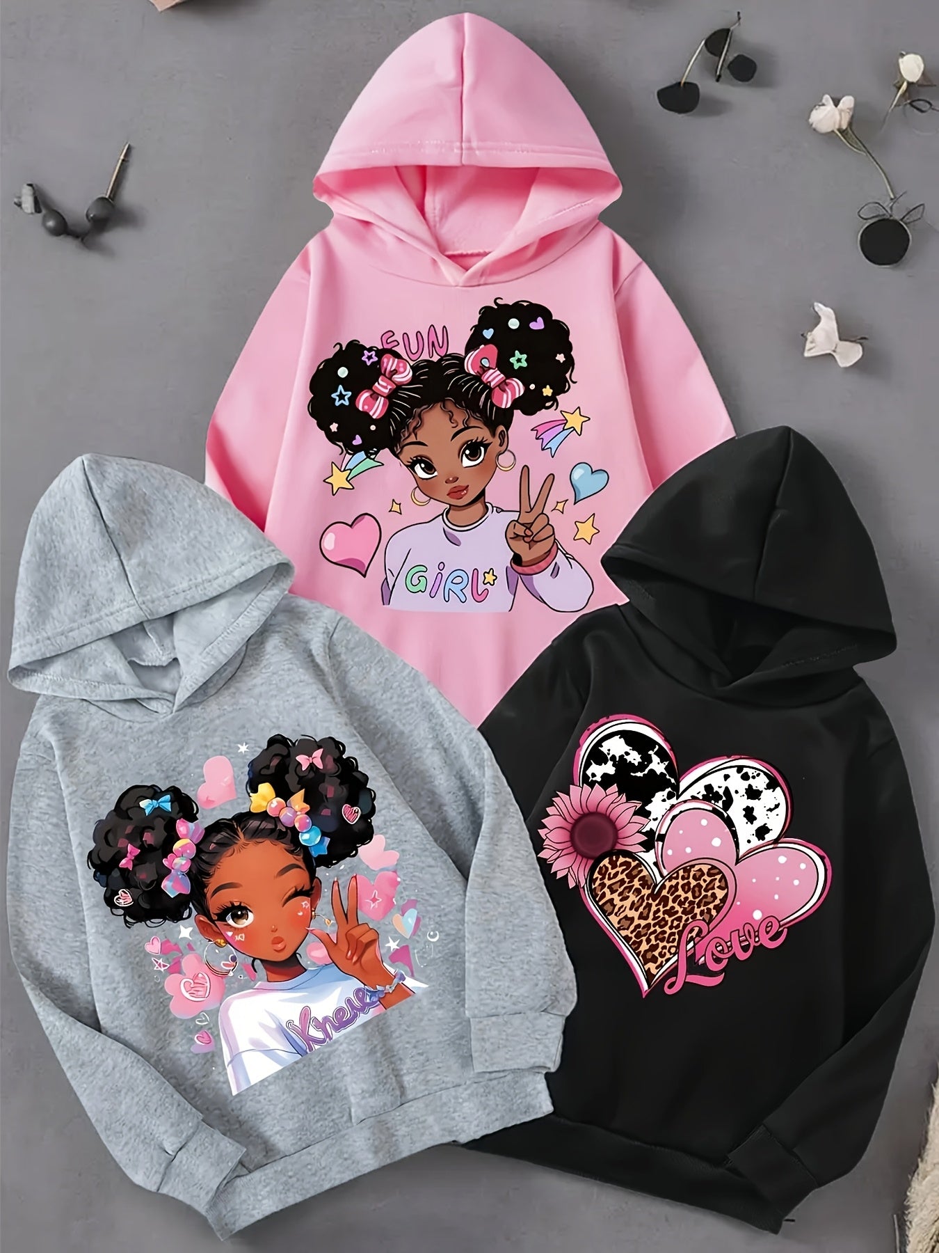 Lot de 3 sweatshirts fille à capuche avec imprimés cartoon, manches longues, tissu doux extensible