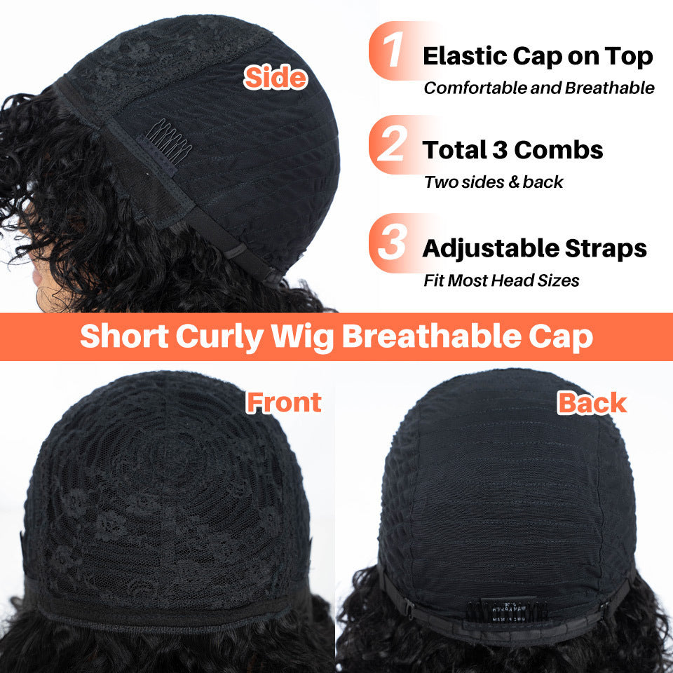 Perruque courte pixie bouclée brune en cheveux humains avec frange