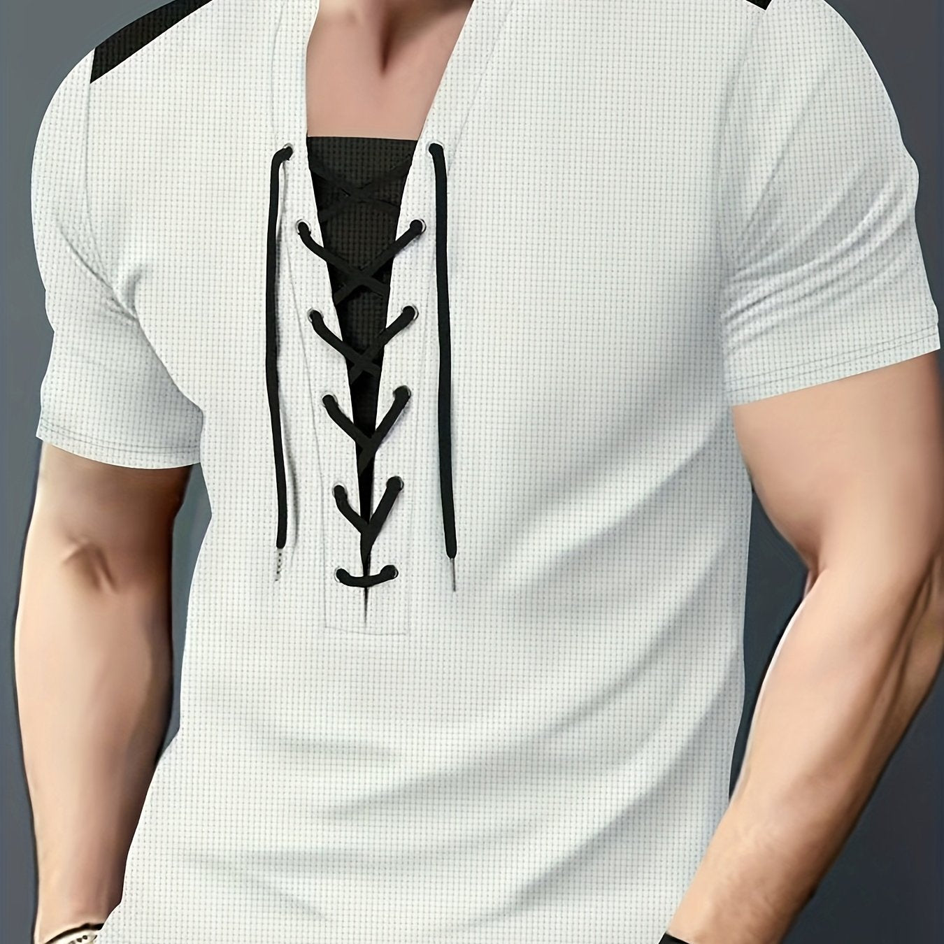 T-shirt homme maroon et noir en maille nid d’abeille, col rond, respirant, cordon décoratif