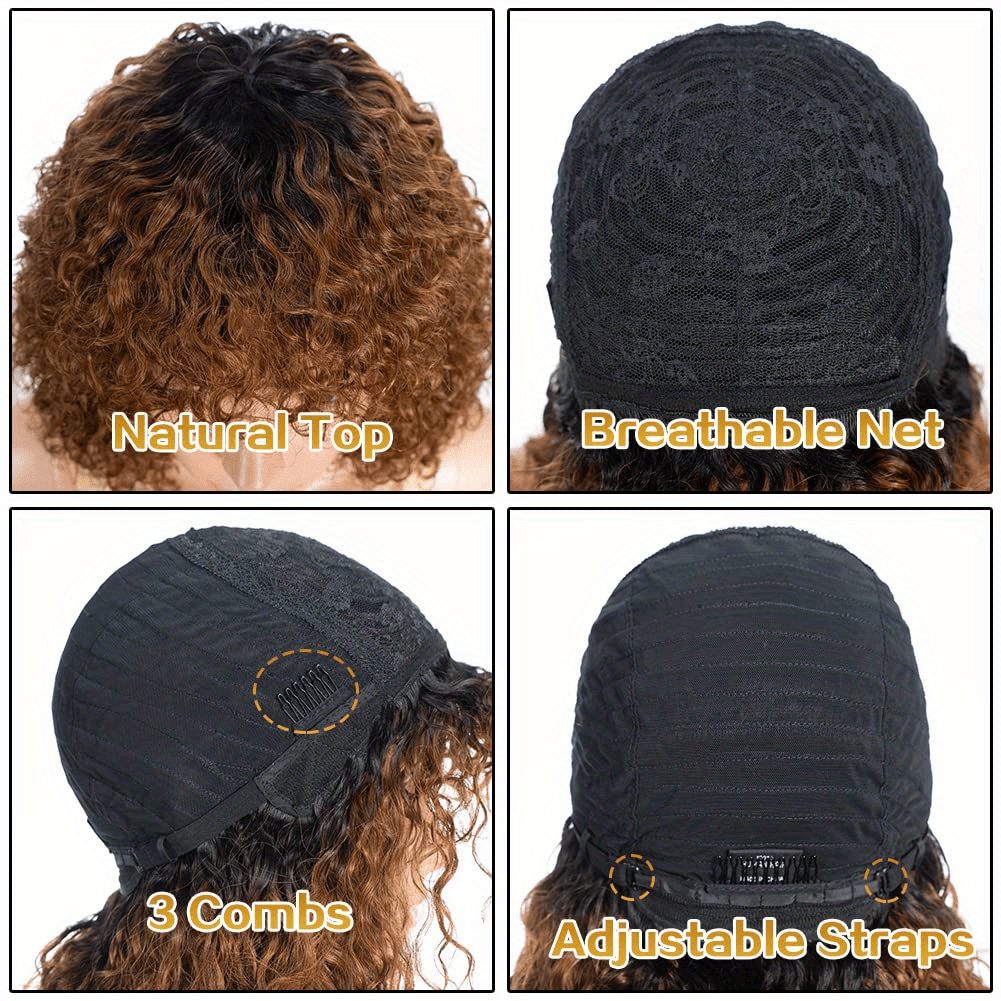 Perruque courte pixie bouclée brune en cheveux humains avec frange